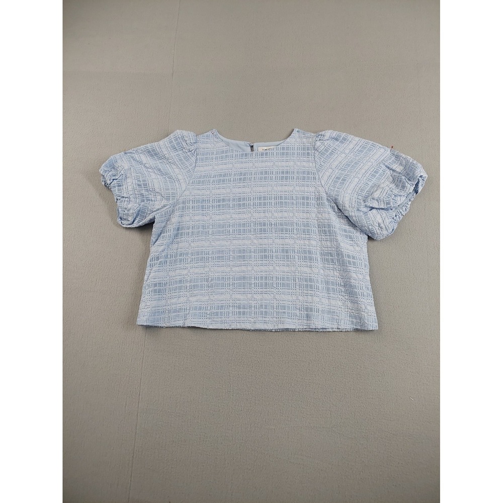 Forever New Women Tops 16 Light Blue Crew Neck Puffed Sleeve Back Button Casual